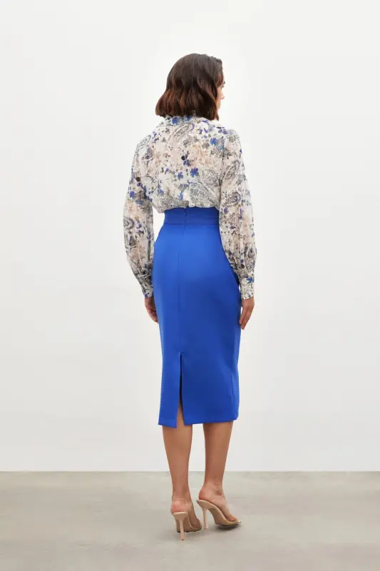 Accessory Detailed Pencil Skirt - BLUE-BLUE - 6