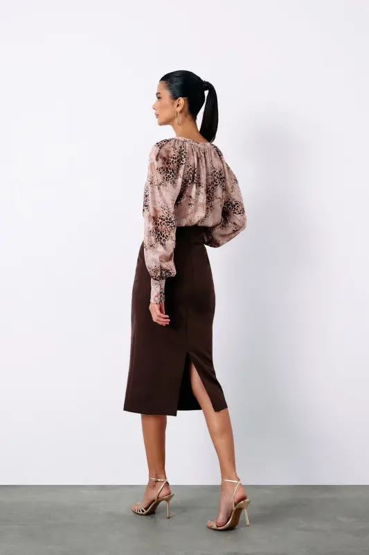 Accessory Detailed Pencil Skirt - BROWN-BROWN - 6