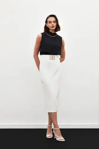 Accessory Detailed Pencil Skirt - ECRU-ECRU - SATEEN (1)