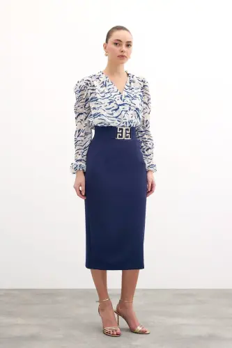 Accessory Detailed Pencil Skirt - Navy-NAVY 
