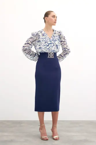 Accessory Detailed Pencil Skirt - Navy-NAVY - SATEEN (1)