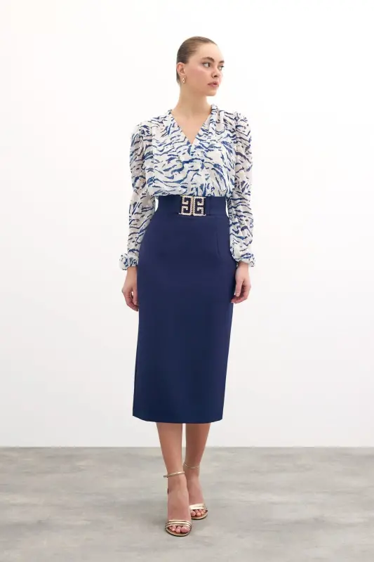 Accessory Detailed Pencil Skirt - Navy-NAVY - 3