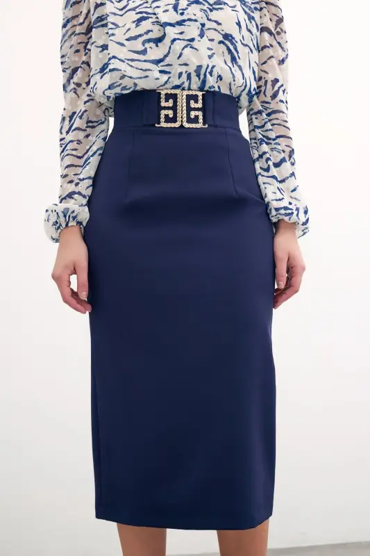 Accessory Detailed Pencil Skirt - Navy-NAVY - 4