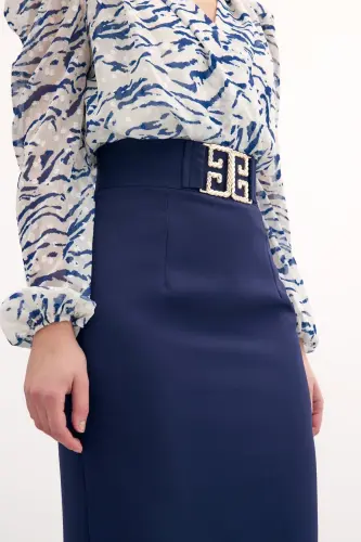 Accessory Detailed Pencil Skirt - Navy-NAVY - 5