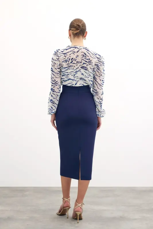 Accessory Detailed Pencil Skirt - Navy-NAVY - 6