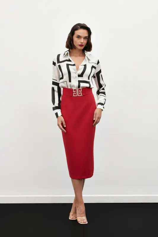 Accessory Detailed Pencil Skirt - RED-RED - 1