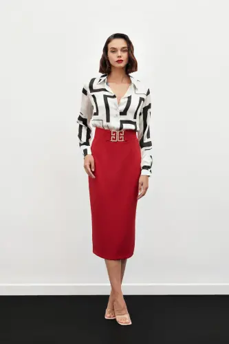 Accessory Detailed Pencil Skirt - RED-RED - SATEEN (1)