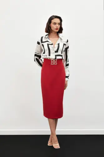 Accessory Detailed Pencil Skirt - RED-RED - 3