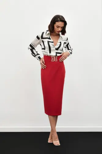 Accessory Detailed Pencil Skirt - RED-RED - 4