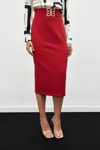 Accessory Detailed Pencil Skirt - RED-RED - 5