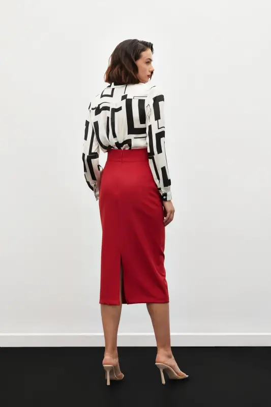 Accessory Detailed Pencil Skirt - RED-RED - 6