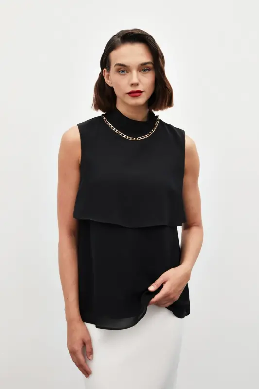 Accessory Detailed Ruffle Blouse - Black - 1