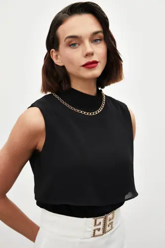 Accessory Detailed Ruffle Blouse - Black - 3