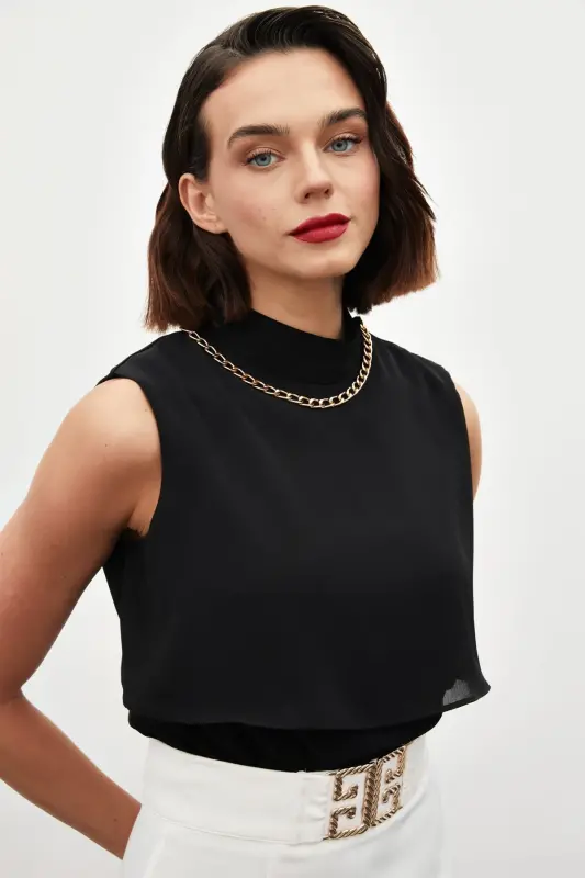 Accessory Detailed Ruffle Blouse - Black - 3