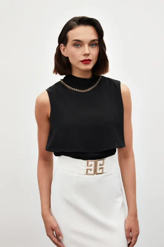 Accessory Detailed Ruffle Blouse - Black - 5