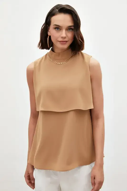 Accessory Detailed Ruffle Blouse - Camel - 2