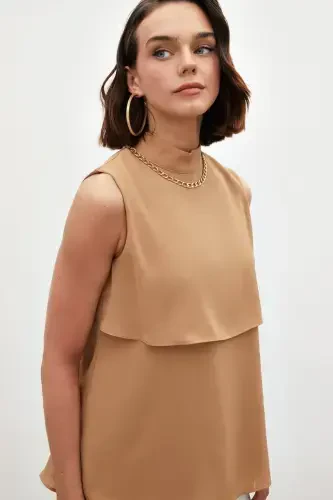 Accessory Detailed Ruffle Blouse - Camel - 5