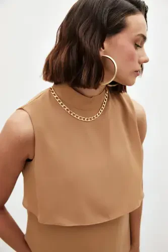 Accessory Detailed Ruffle Blouse - Camel - 7