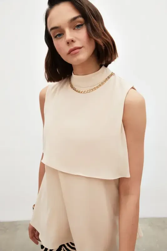 Accessory Detailed Ruffled Blouse - Beige - 1