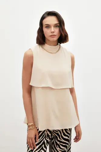 Accessory Detailed Ruffled Blouse - Beige - SATEEN (1)