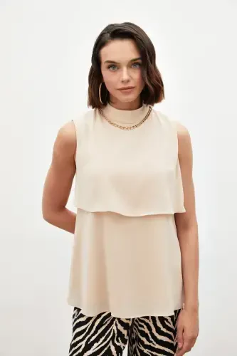 Accessory Detailed Ruffled Blouse - Beige - 3