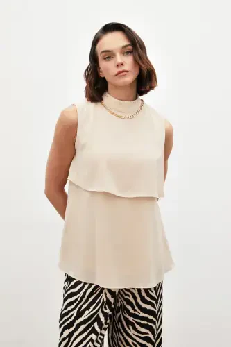 Accessory Detailed Ruffled Blouse - Beige - 4