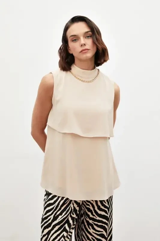 Accessory Detailed Ruffled Blouse - Beige - 4