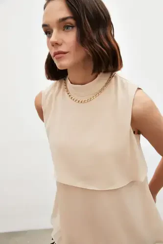 Accessory Detailed Ruffled Blouse - Beige - 5