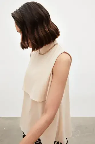 Accessory Detailed Ruffled Blouse - Beige - 6