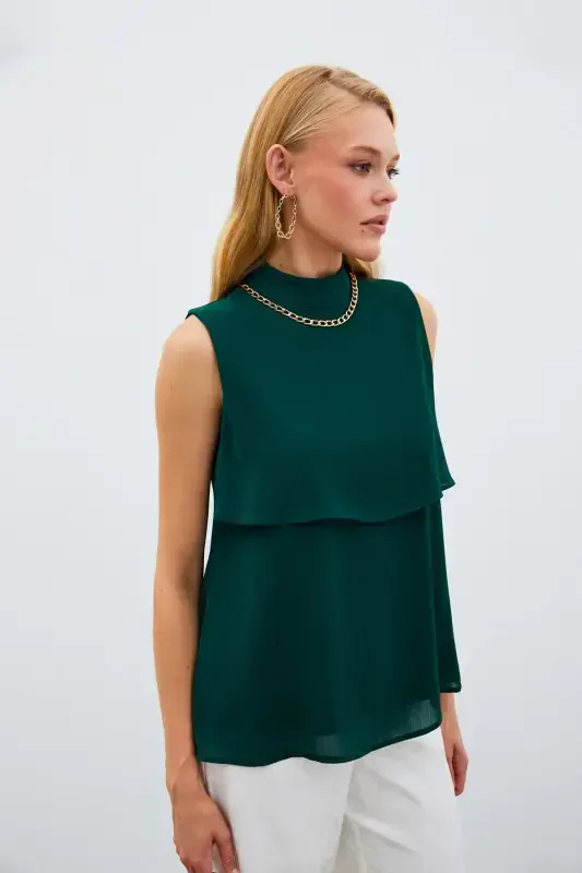 Accessory Detailed Ruffled Blouse - Emerald - SATEEN
