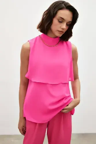 Accessory Detailed Ruffled Blouse - Fuchsia - 1