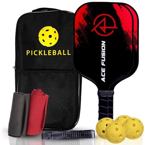 ACE FUSION - Pickleball Paddles Set of 2 with Premium Fiberglass Surface, 2 Pickleball Rackets, 4 Pickleballs, 1 Portable Carry Bag, Pickle Ball Paddle Set ​for Beginners to Pros - ACE FUSION
