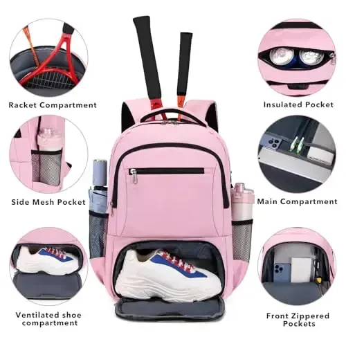 ACESAK Tennis Backpack Tennis Bag for Women Men - Tennis Bag Holds 2 Rackets, Badminton Squash, Pickleball Paddles Balls - 4