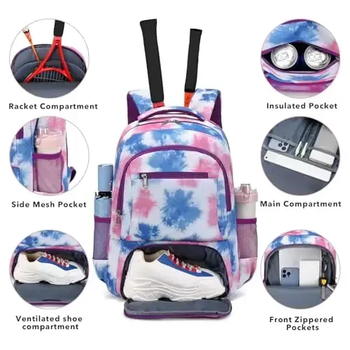 ACESAK Tennis Backpack Tennis Bag for Women Men - Tennis Bag Holds 2 Rackets, Badminton Squash, Pickleball Paddles Balls - 4