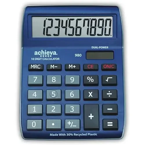 Achieva 10-Digit LCD Display Desktop Calculator | Blue, Gray | Dual Solar & Battery Power | Made with 30% Recycled Plastic | for Home, Office, School (980) - 1