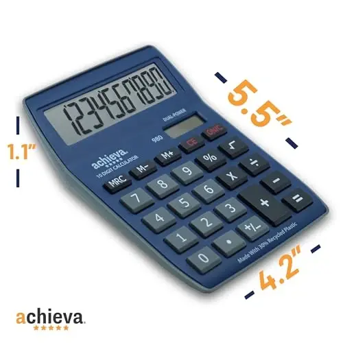 Achieva 10-Digit LCD Display Desktop Calculator | Blue, Gray | Dual Solar & Battery Power | Made with 30% Recycled Plastic | for Home, Office, School (980) - 3