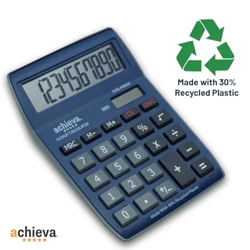 Achieva 10-Digit LCD Display Desktop Calculator | Blue, Gray | Dual Solar & Battery Power | Made with 30% Recycled Plastic | for Home, Office, School (980) - 4