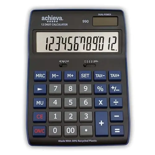 Achieva 12-Digit LCD Display Desktop Calculator | Blue | Mark Up Key, Selectable Decimal & Rounding Switches | Dual Solar/Battery Power | for Home, Office, School (990) - 1