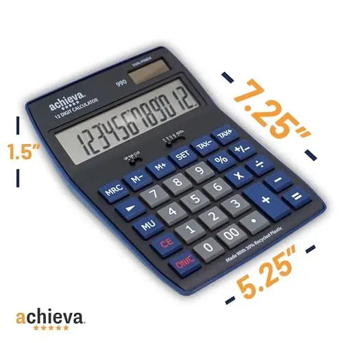 Achieva 12-Digit LCD Display Desktop Calculator | Blue | Mark Up Key, Selectable Decimal & Rounding Switches | Dual Solar/Battery Power | for Home, Office, School (990) - 3