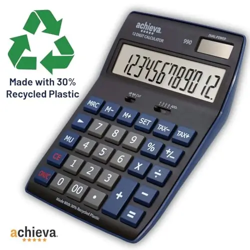 Achieva 12-Digit LCD Display Desktop Calculator | Blue | Mark Up Key, Selectable Decimal & Rounding Switches | Dual Solar/Battery Power | for Home, Office, School (990) - 4