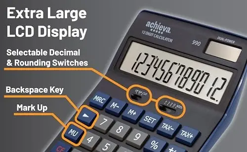 Achieva 12-Digit LCD Display Desktop Calculator | Blue | Mark Up Key, Selectable Decimal & Rounding Switches | Dual Solar/Battery Power | for Home, Office, School (990) - 5