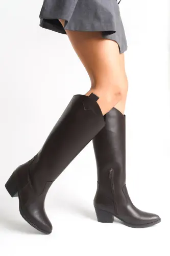 Acı Çikolata Kahve Fermuarlı Düz Uzun Western Kovboy Kadın Çizme-Kahve Düz - 3