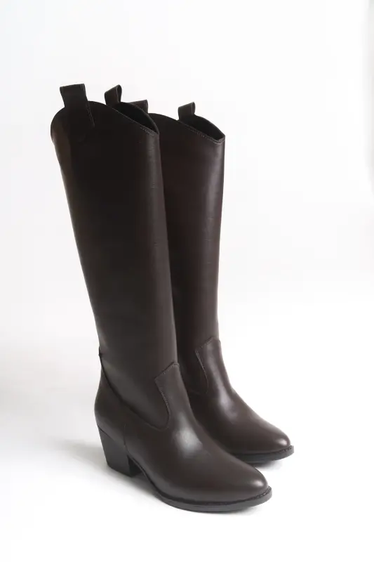 Acı Çikolata Kahve Fermuarlı Düz Uzun Western Kovboy Kadın Çizme-Kahve Düz - 4