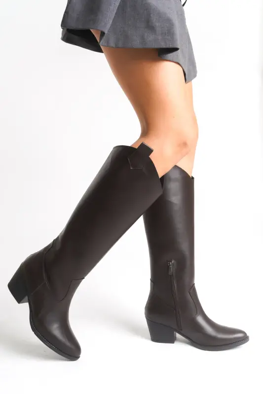 Acı Çikolata Kahve Fermuarlı Düz Uzun Western Kovboy Kadın Çizme-Kahve Düz - 3