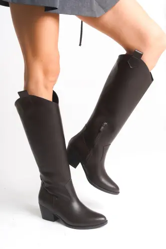 Acı Çikolata Kahve Fermuarlı Düz Uzun Western Kovboy Kadın Çizme-Kahve Düz - 1