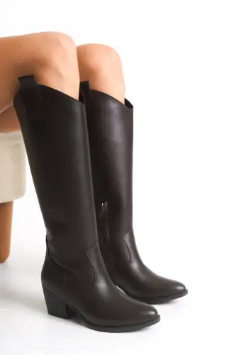 Acı Çikolata Kahve Fermuarlı Düz Uzun Western Kovboy Kadın Çizme-Kahve Düz - 2