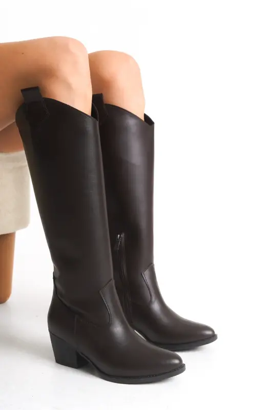 Acı Çikolata Kahve Fermuarlı Düz Uzun Western Kovboy Kadın Çizme-Kahve Düz - 2