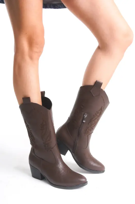 Acı Çikolata Kahve Fermuarlı Nakışlı Western Kovboy Kadın Çizme-Acı Kahve Cilt - BAK STORE