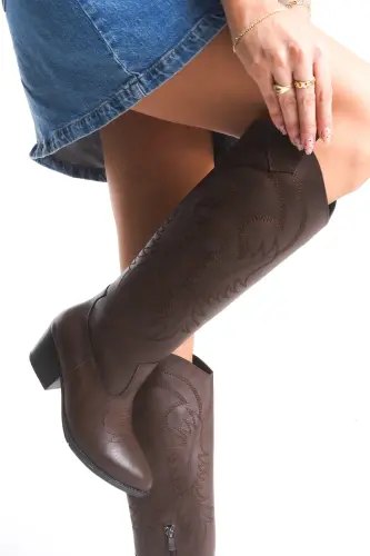 Acı Çikolata Kahve Fermuarlı Nakışlı Western Kovboy Kadın Çizme-Acı Kahve Uzun - 3