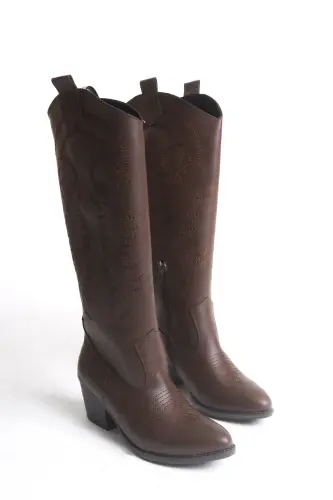 Acı Çikolata Kahve Fermuarlı Nakışlı Western Kovboy Kadın Çizme-Acı Kahve Uzun - 4